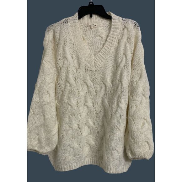 Aaron & Amber Sweaters - Aaron & Amber L Knit Cream Cable Knit Puff Sleeve Sweater Lightweight‎ Cozy